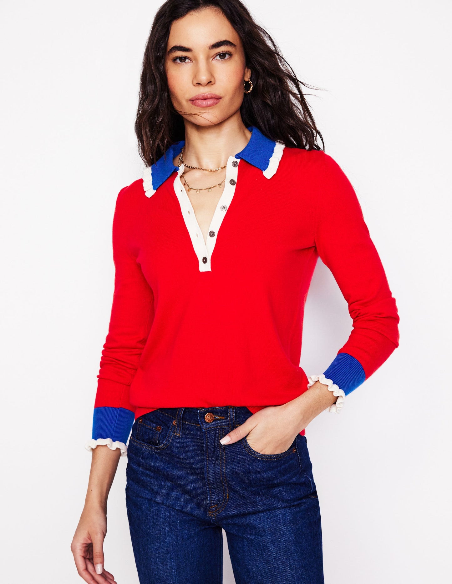 Frilled Cotton Blend Sweater-Poppy Red