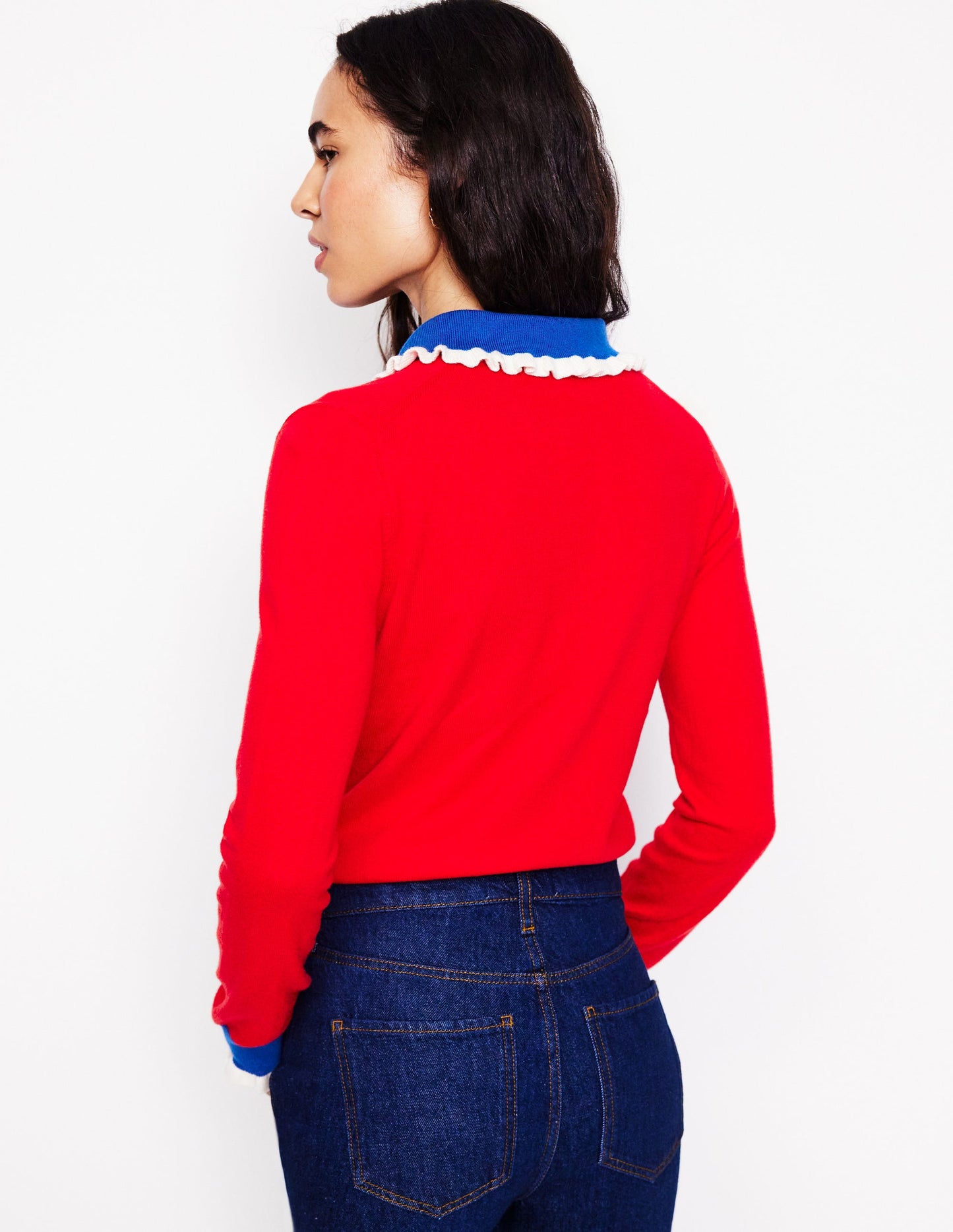 Frilled Cotton Blend Sweater-Poppy Red