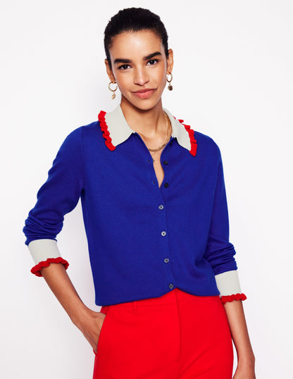 Frilled Cotton Blend Cardigan-Bright Blue