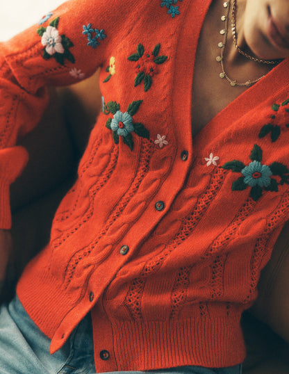 Fluffy Embroidered Cardigan-Firecracker Red