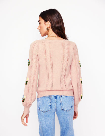 Fluffy Embroidered Sweater-Soft Lavender Pink