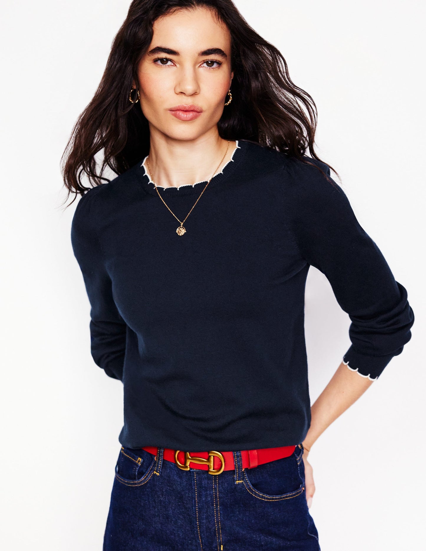 Pru Scallop Trim Sweater-Navy