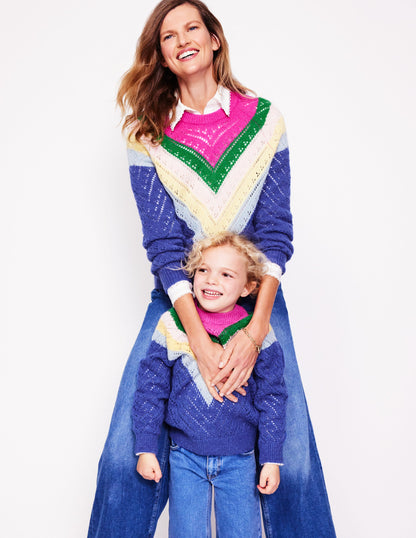 Alice Fluffy Raglan Sweater-Blue and Pink Chevron