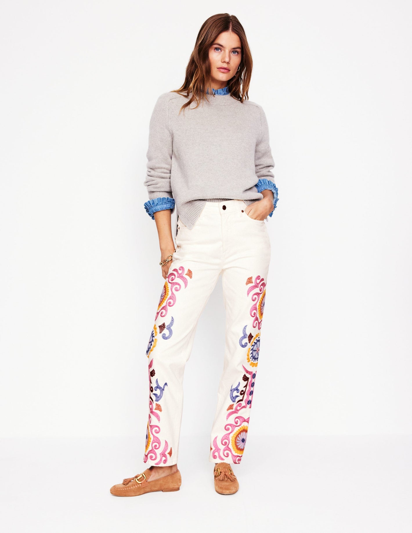 High Rise Embroidered Jeans-White Embroidery