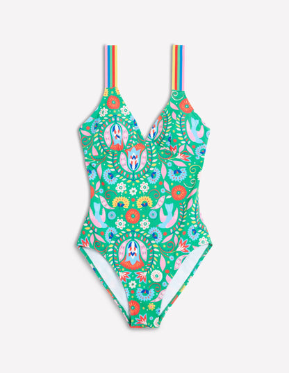 Stripe Trim Swimsuit-Green, Decorative Garden