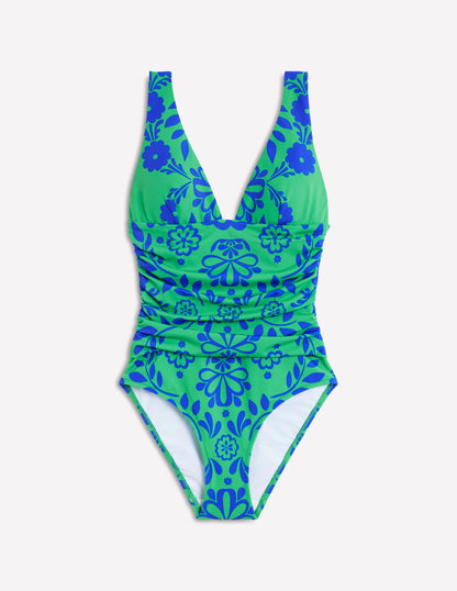 Mykonos Deep V Swimsuit-Green, Structured Meadow