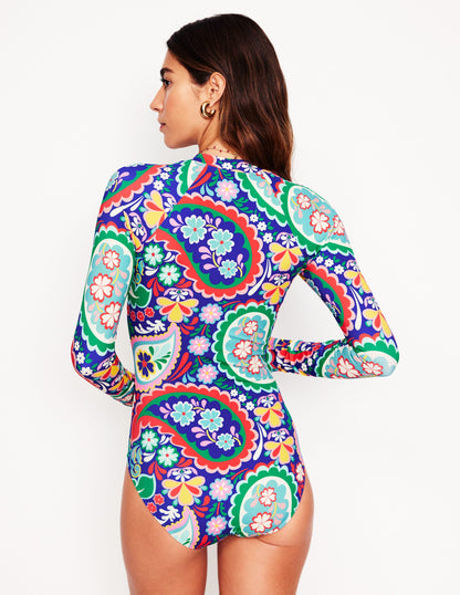 Sporty Raglan Sleeve Swimsuit-Multi, Meadow Paisley