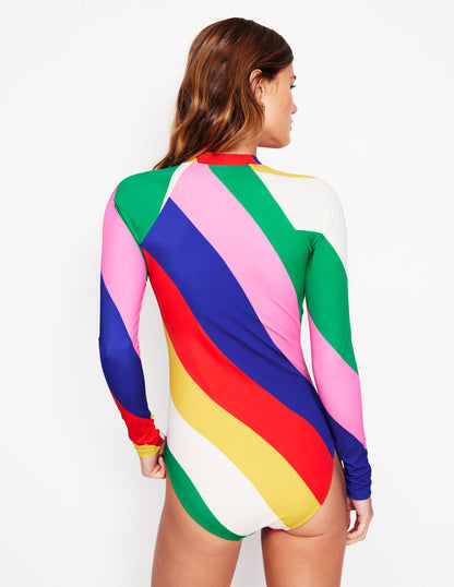 Sporty Raglan Sleeve Swimsuit-Multi, Rainbow Cascade