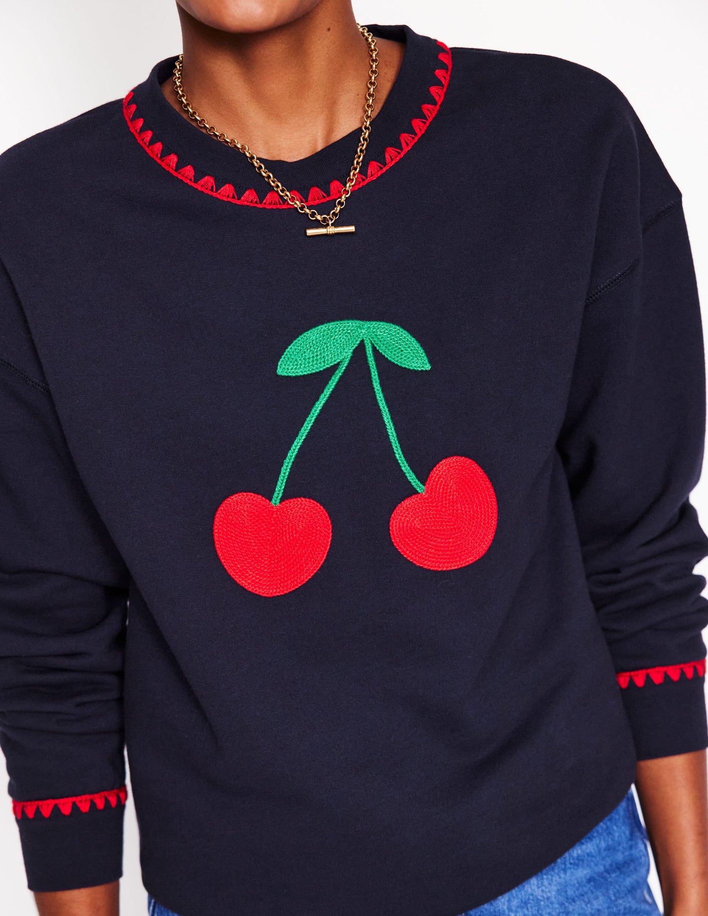 Emi Embroidered Sweatshirt-Navy, Cherries