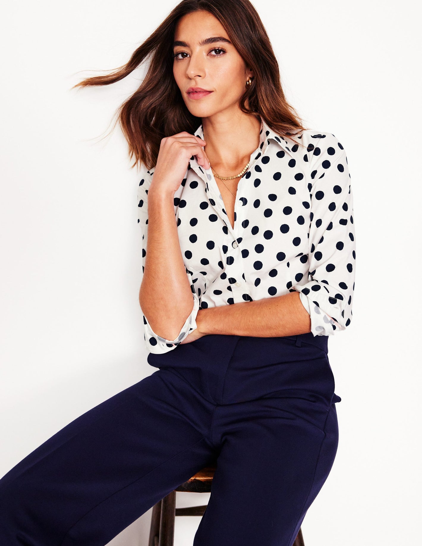 Saskia Stretch Cotton Shirt-Ivory and Navy, Abstract Dot