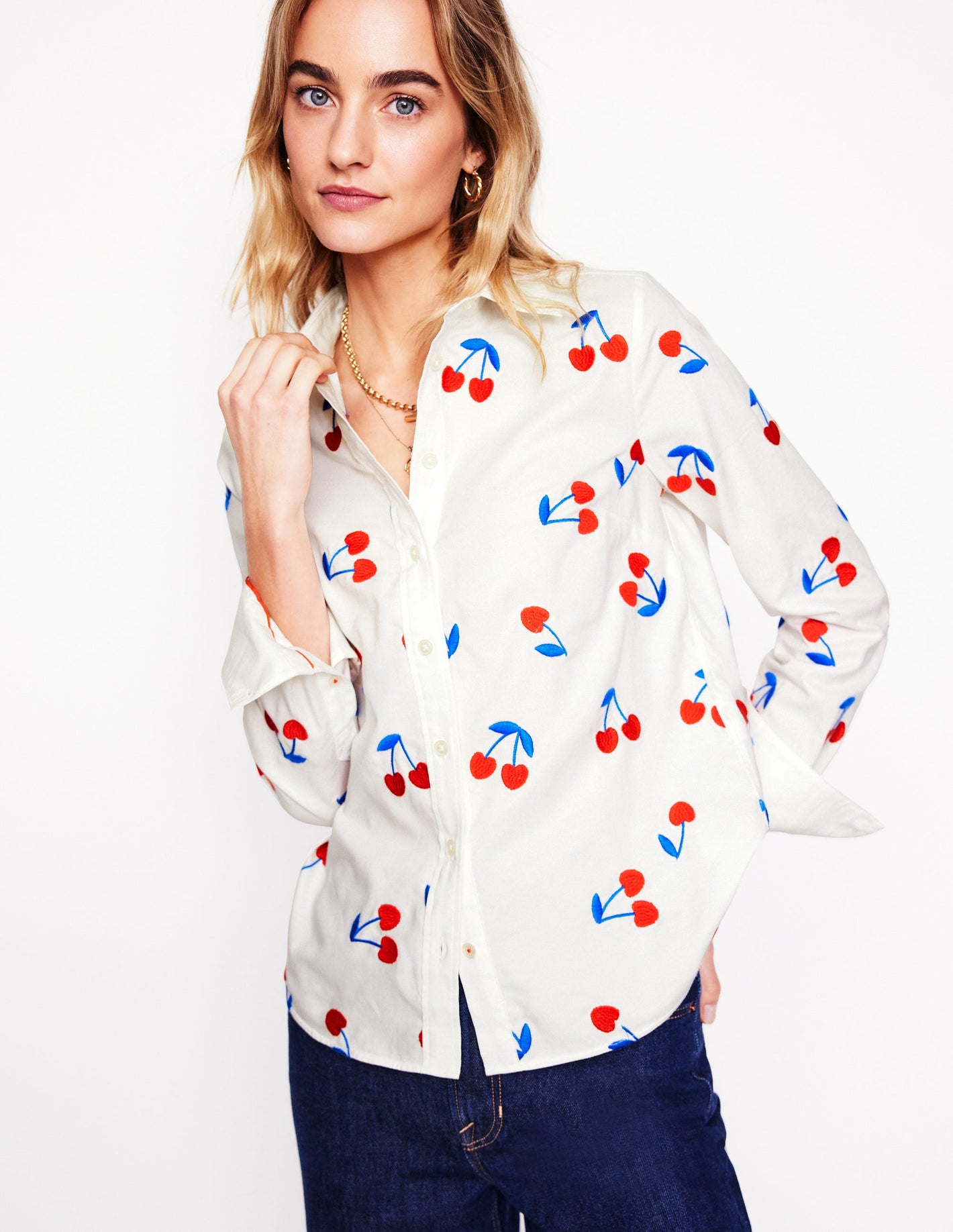 Sienna Embroidered Shirt-White, Cherries