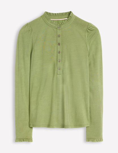 Supersoft Frill Henley Top-Larch Green