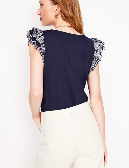 Belle Broderie Sleeve Top-Navy