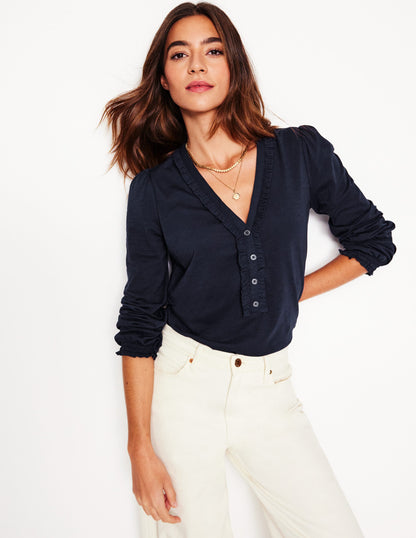 Poppy Ruffled Henley Top-Navy