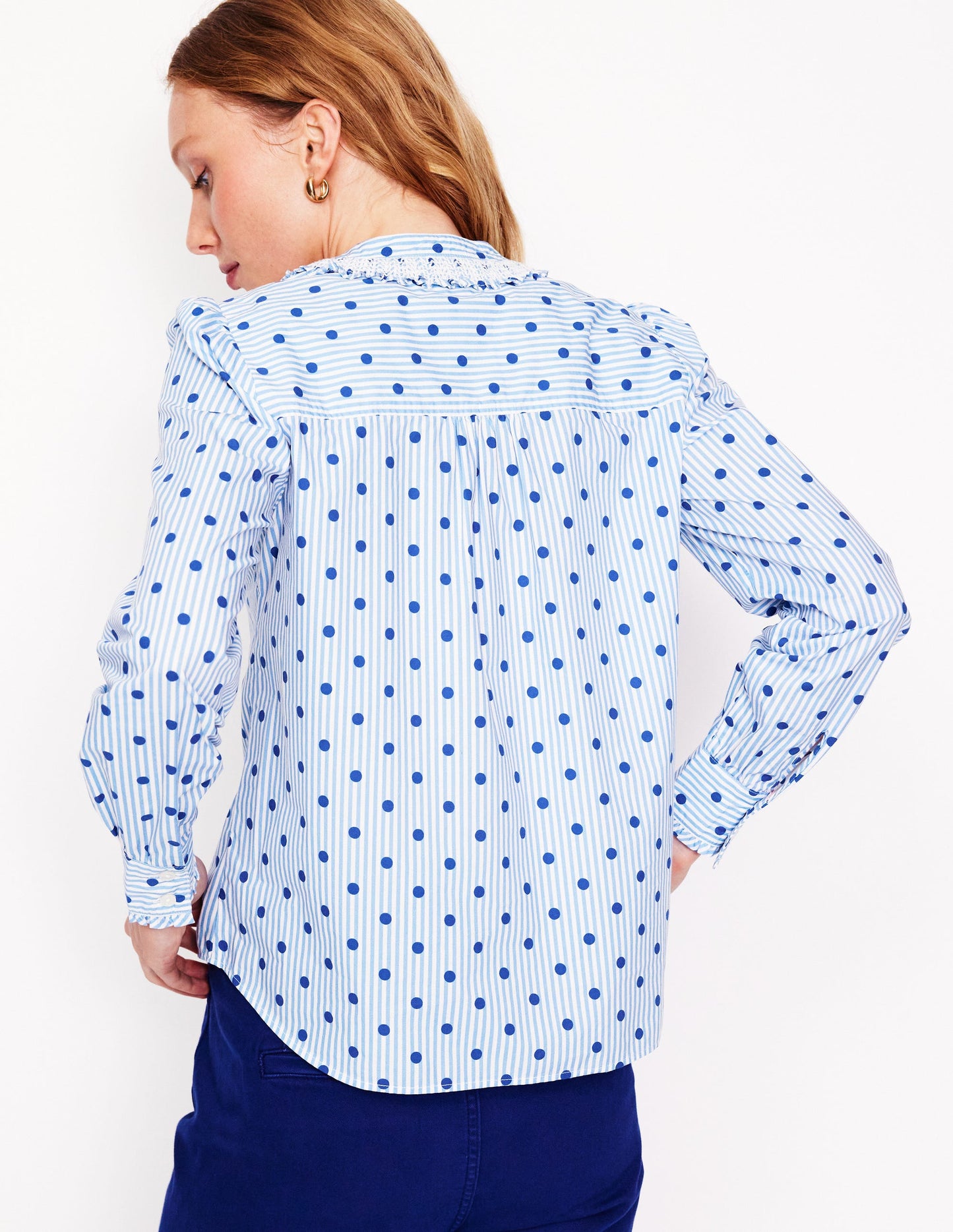 Smocked Neck Shirt-Forget Me Not Blue Fine Stripe