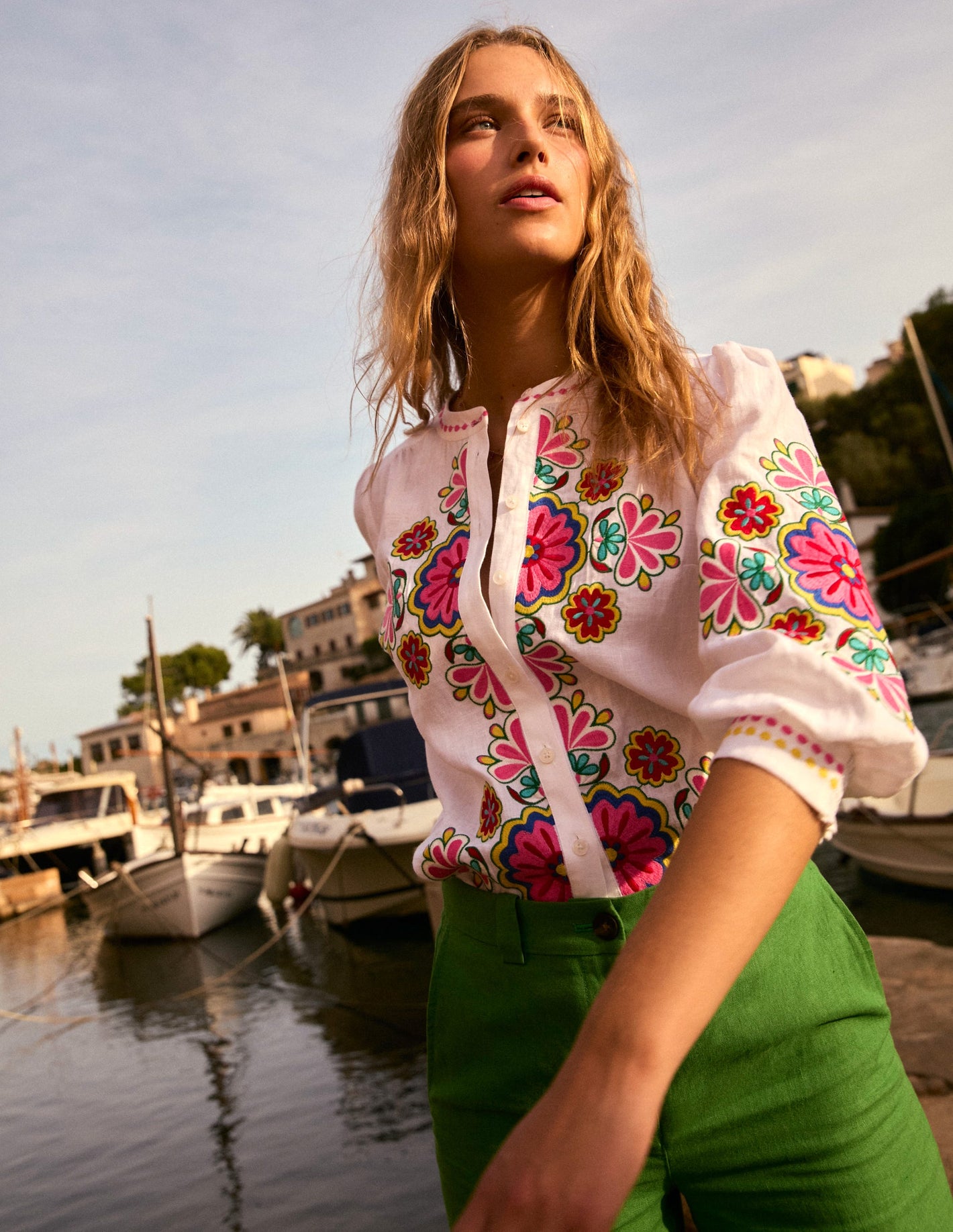 Alicia Linen Top-White, Floral Embroidery