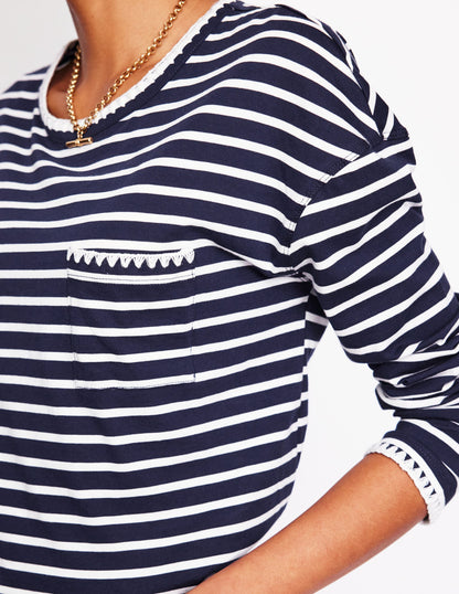 Blanket Stitch Boxy Top-Navy, Ivory