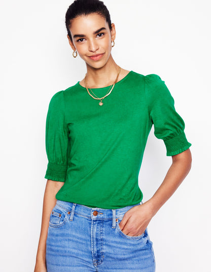 Short Sleeve Smocked Cuff Top-Rich Emerald