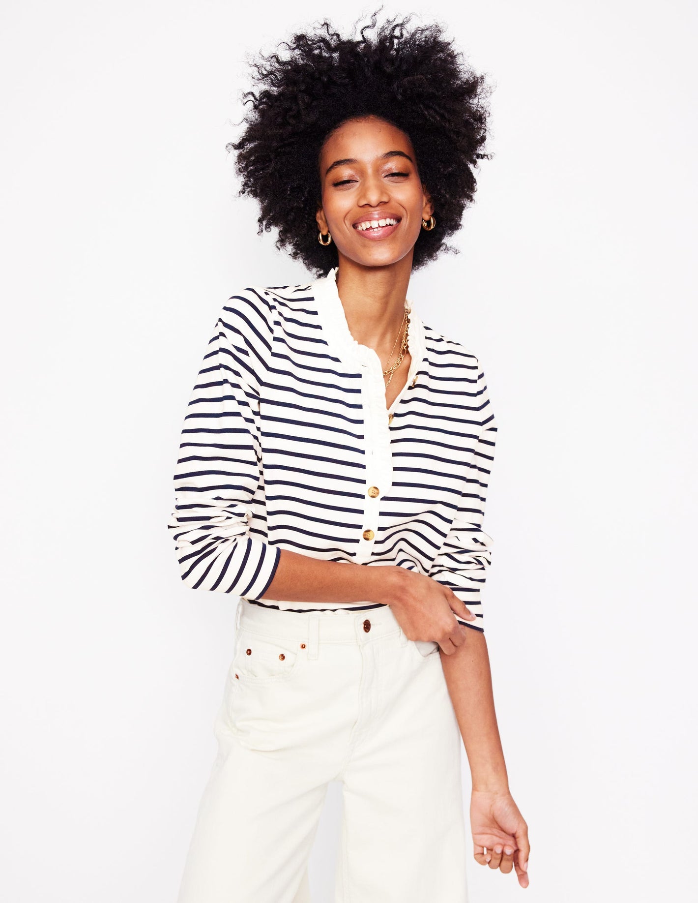 Frill Neck Breton Top-Ivory, Navy