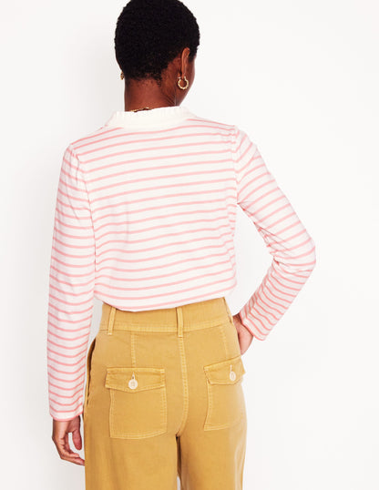 Frill Neck Breton Top-Ivory, Quartz Pink Stripe