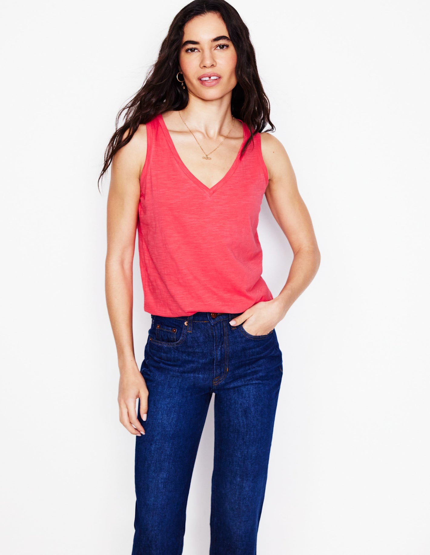 Regular V-Neck Slub Tank-Camelia Pink