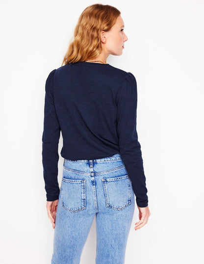 Cotton Crew Long Sleeve Top-Navy