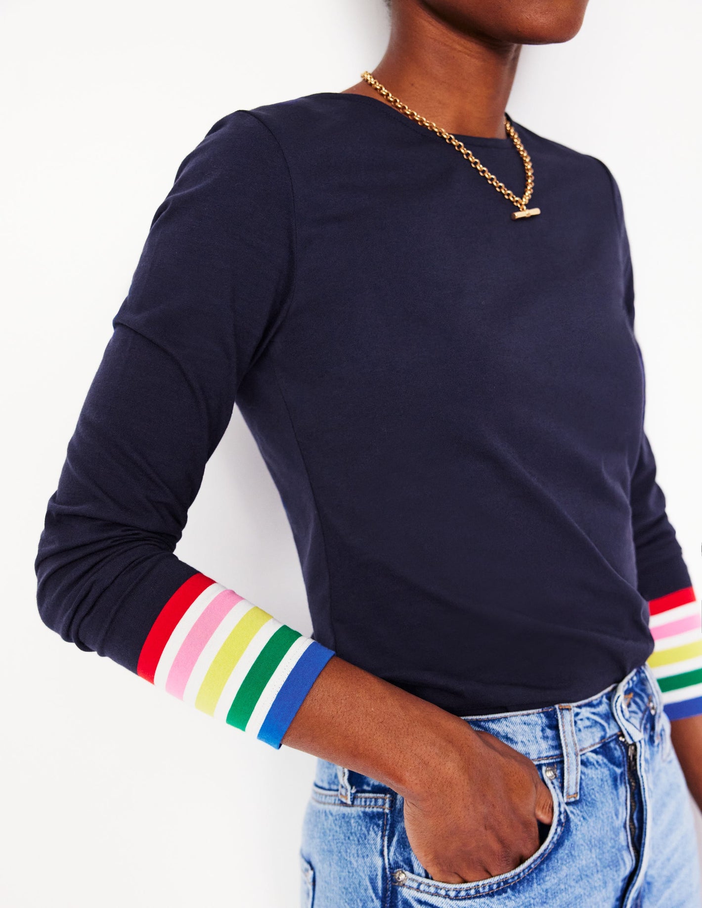 Stripe Cuff Top-Navy Rainbow Stripe Cuff