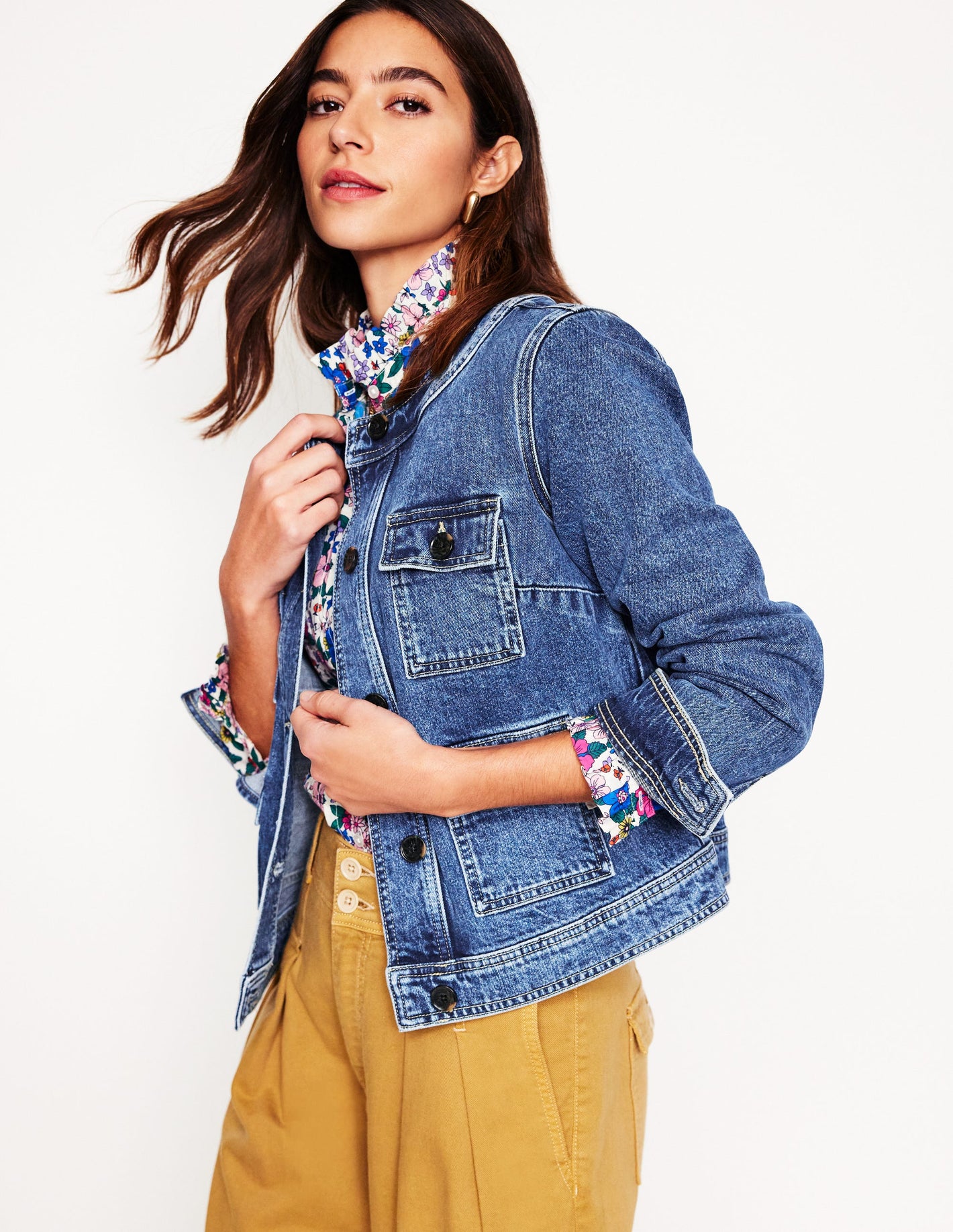 Collarless Casual Jacket-Mid Wash Denim