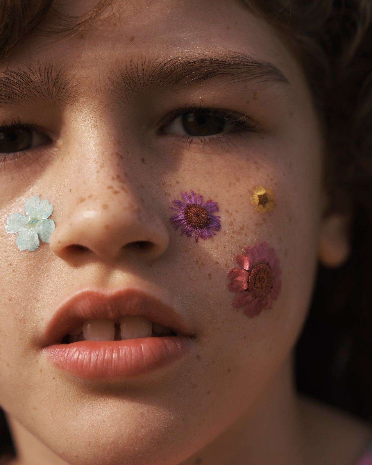 Portrait photograph of a child with flowers on their face.