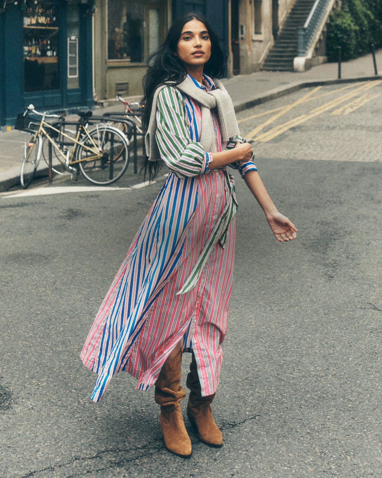 Women wearing Clara Cotton Shirt Dress-Pink Rose Red Stripe