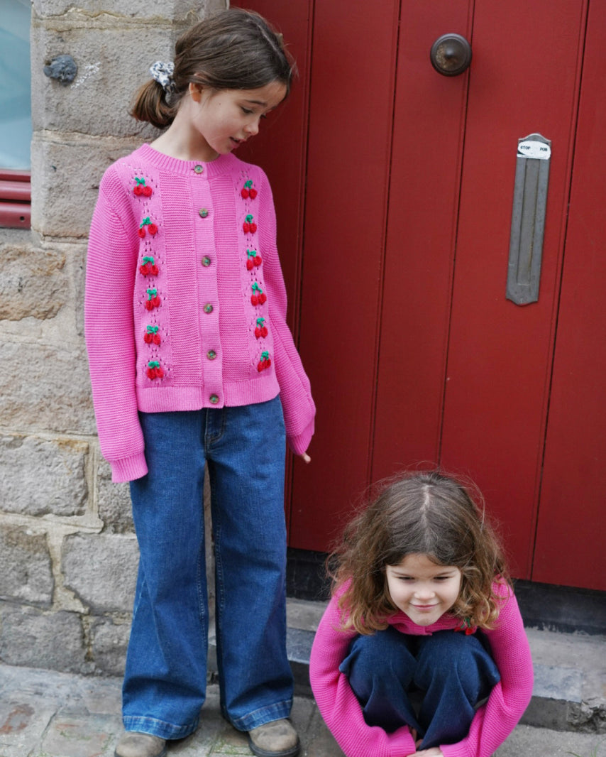 Girls wearing Boden Embroidered Pointelle Cardigan-Rose Petal Pink Cherries