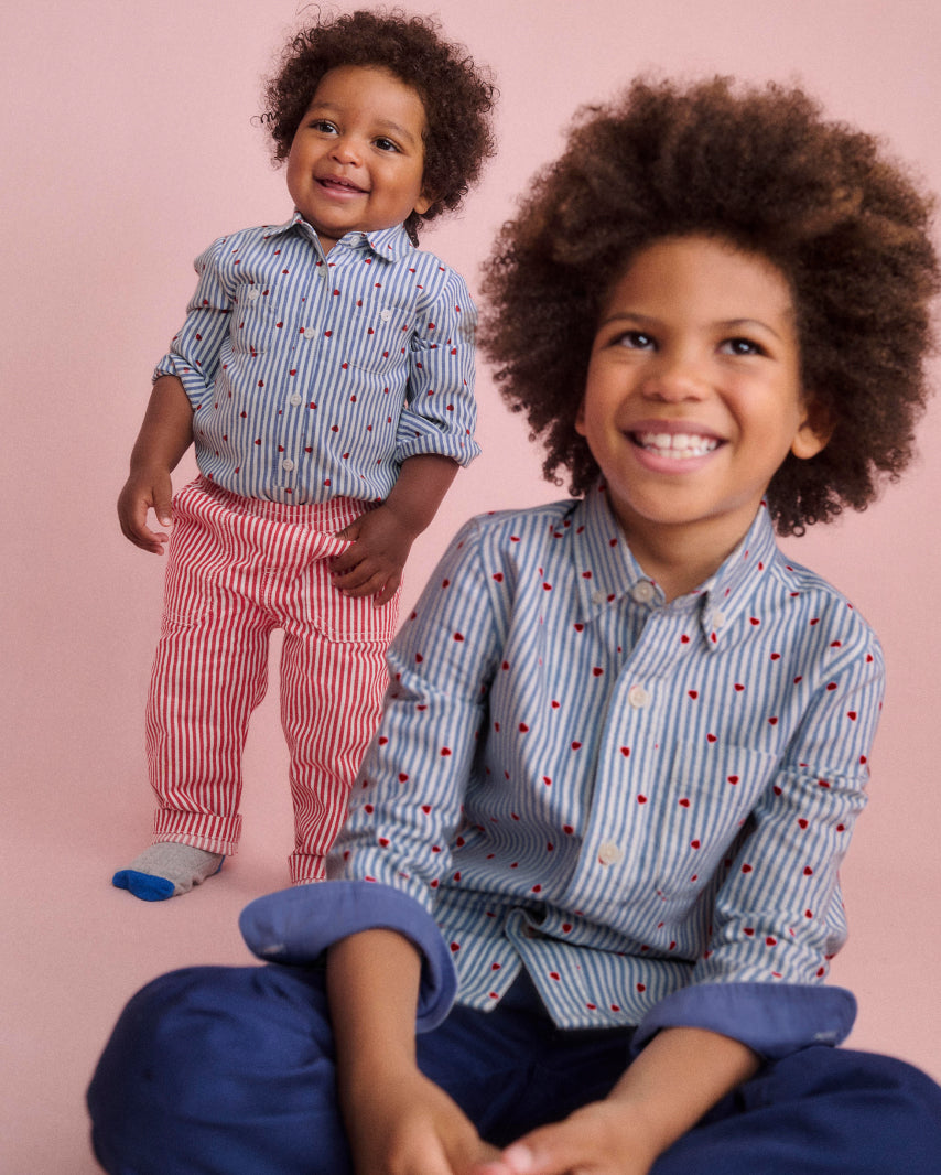 Boys wearing Boden Cotton Shirt-Blue Seersucker Hearts