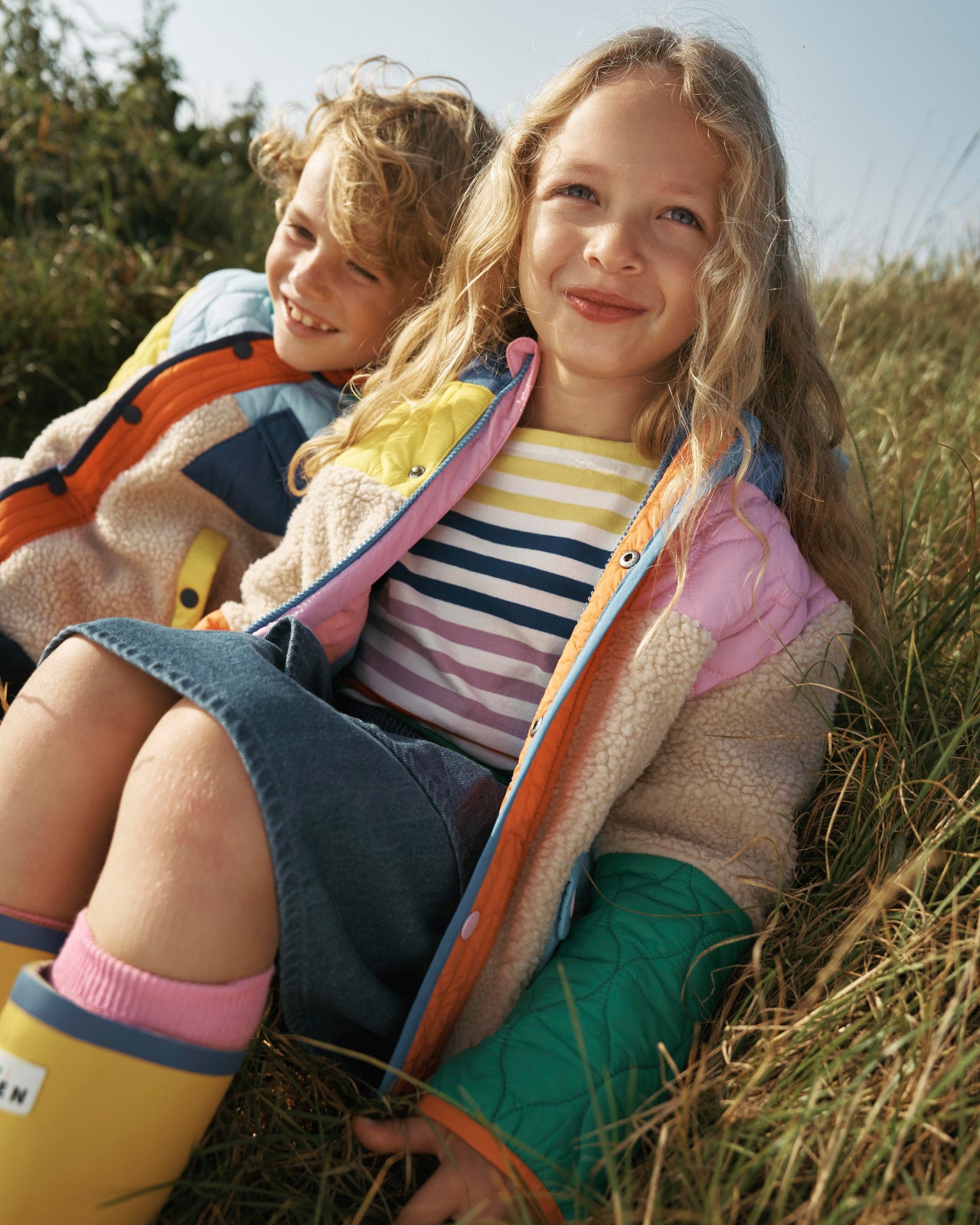 Children wearing Boden Quilted Borg Mix Jacket-Multi Colourblock