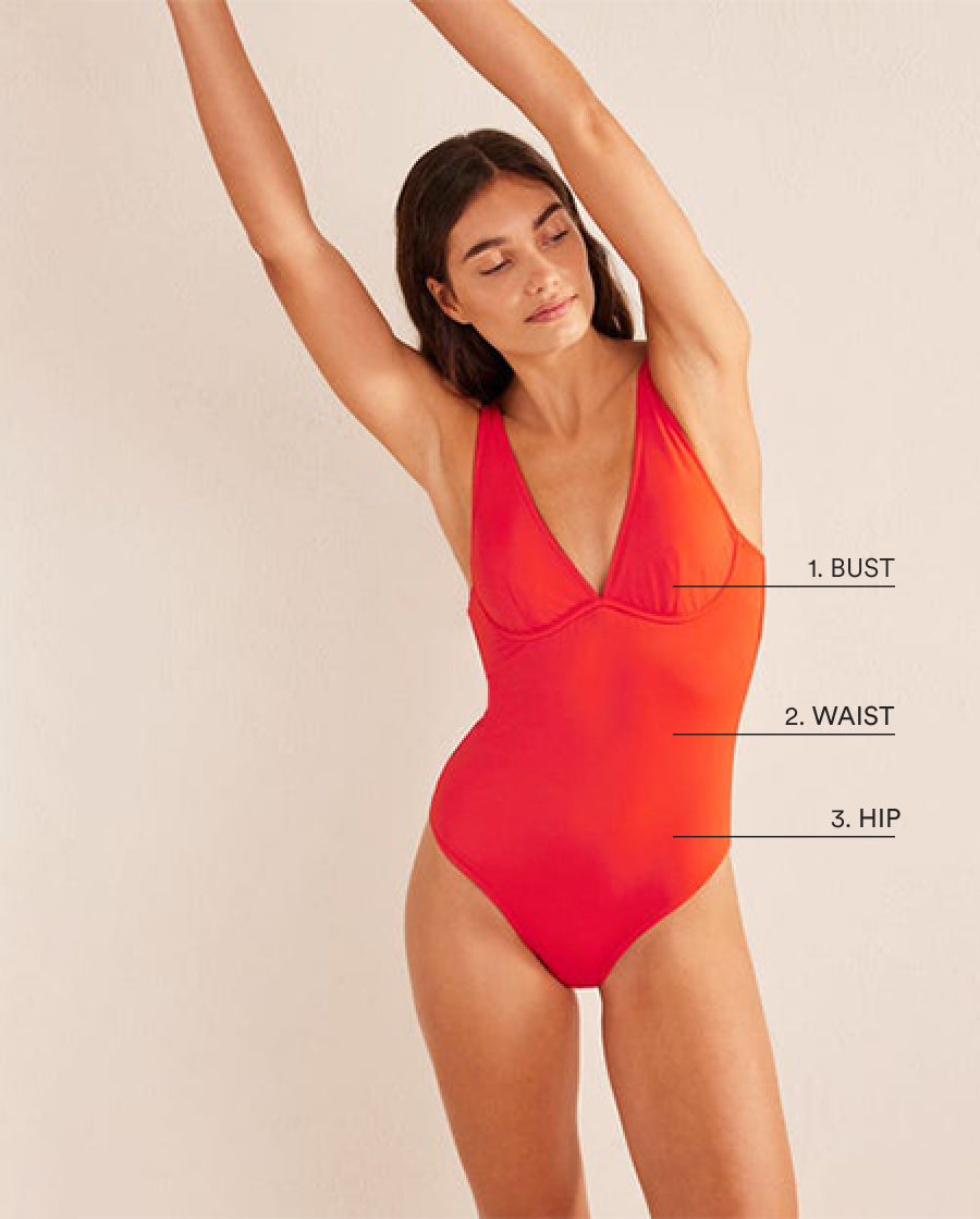 Woman in boden swimwear with text pointing to her bust, waist & hips